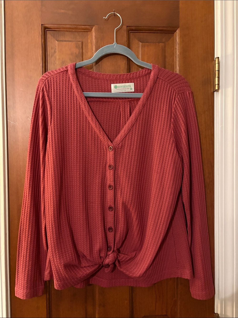 Aventura Women's Rust Button-Down Knit Top with Front Knot